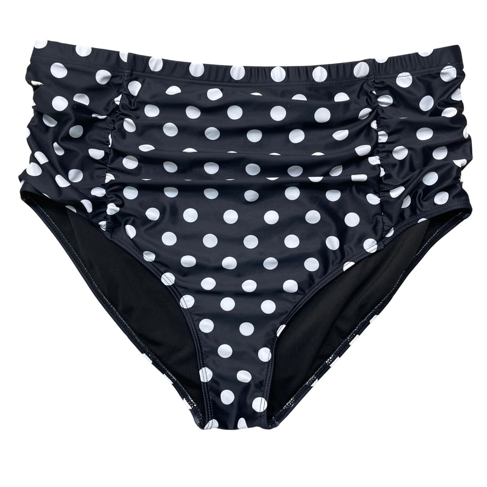 High Waisted Ruched Black White Polka Dot Beach Pool Resort Bikini Bottom XXL
